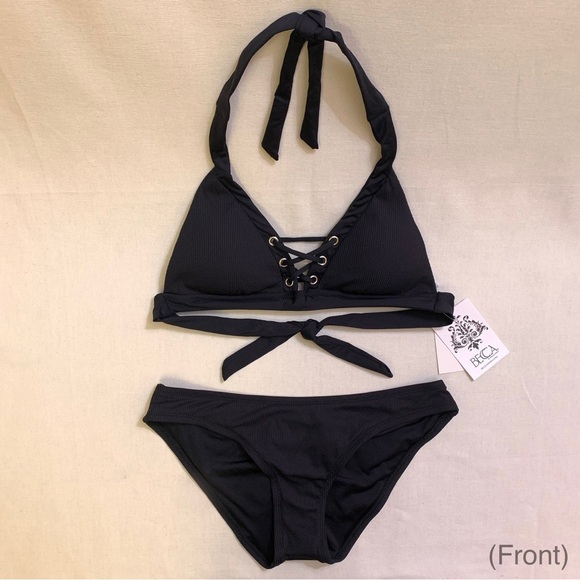 BECCA Modern Edge Ribbed Halter Bikini w/ Shirred Cheeky Bottoms LARGE Black - Picture 3 of 17